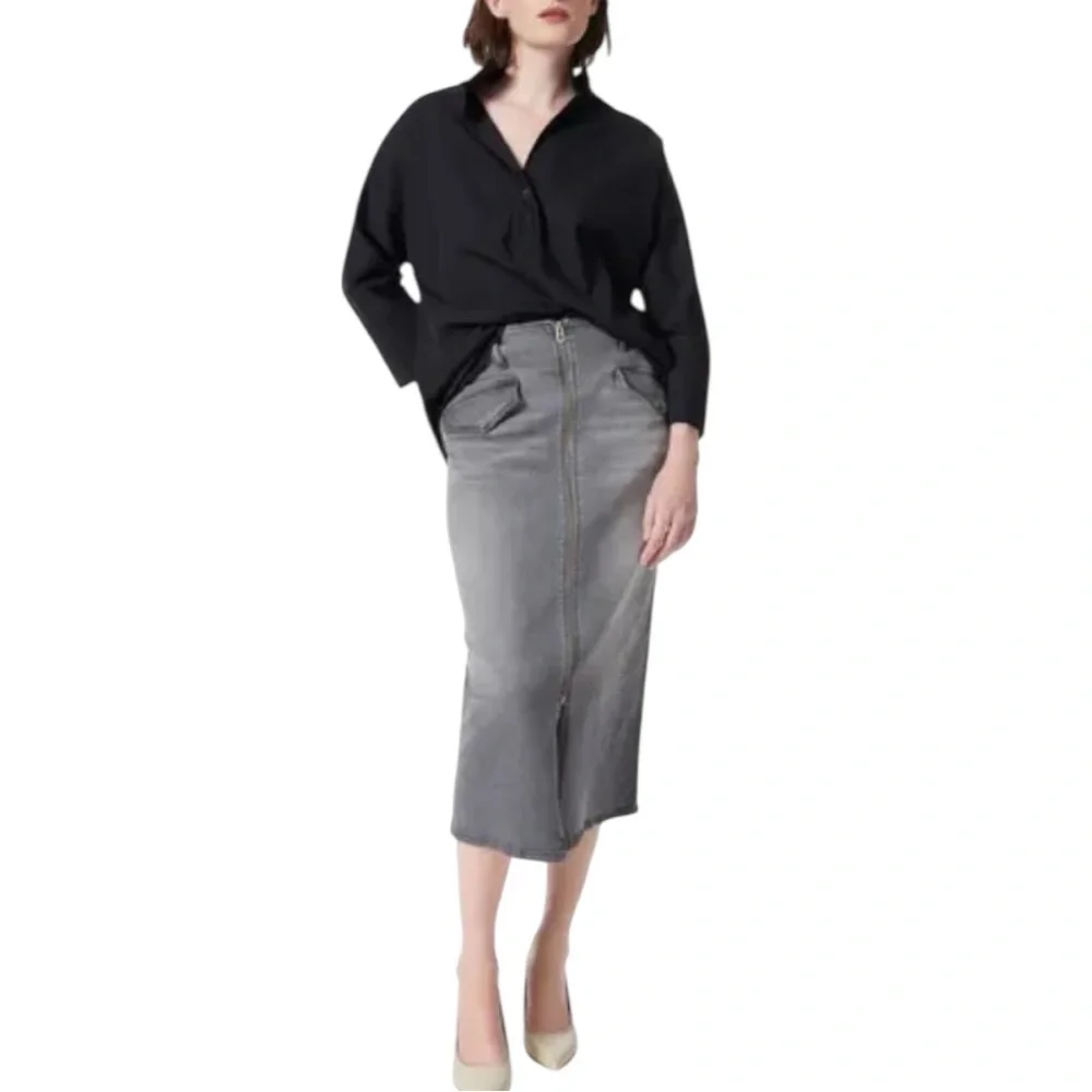 Dee Ocleppo Millie Zipper Front Denim Midi Skirt Charcoal Gray Sz 12